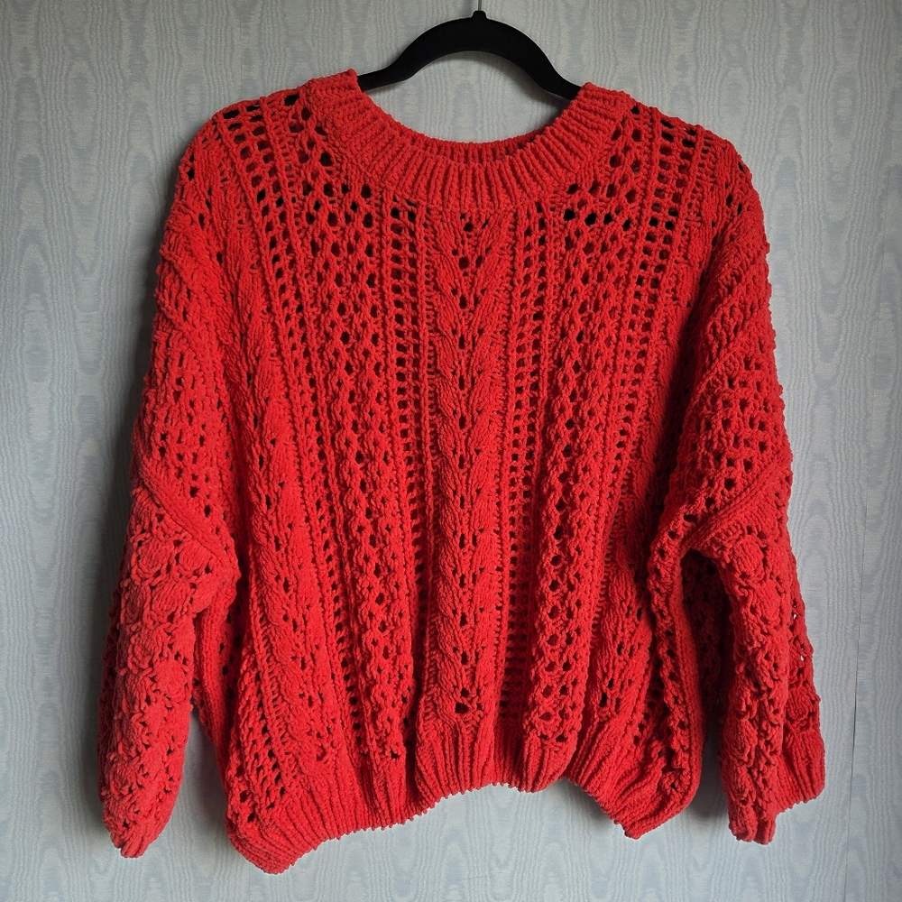 Forever 21 Open Knit‎ Oversized Drop Shoulder Women's Chenille Sweater M Coral
